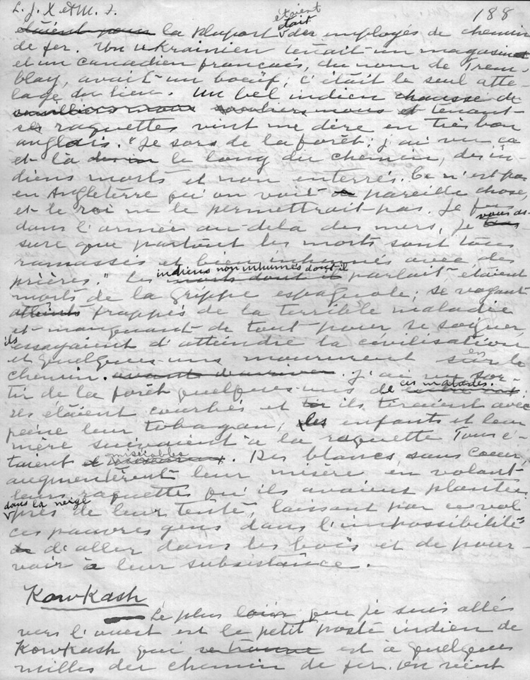 Reproduction de la cent quatre-vingt-huiti&egrave;me page du r&eacute;cit du p&egrave;re oblat Joseph-&Eacute;tienne Guinard d&eacute;crivant ses activit&eacute;s missionnaires &agrave; Hearst, Moonbeam, Stevert, Grant, Pagwa, Kowkash, Kapuskasing, 1918.