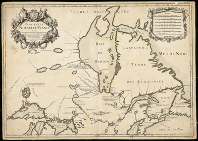 Reproduction d’une carte intitul&eacute;e Partie de la Nouvelle-France par Alexis Hubert Jaillot montrant les diff&eacute;rents postes &eacute;tablis par les Fran&ccedil;ais pour emp&ecirc;cher les Autochtones de faire le commerce des fourrures avec les Anglais &agrave; la baie d’Hudson, 1685.