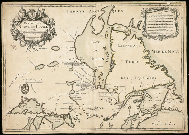 Reproduction d’une carte intitul&eacute;e Partie de la Nouvelle-France par Alexis Hubert Jaillot montrant les diff&eacute;rents postes &eacute;tablis par les Fran&ccedil;ais pour emp&ecirc;cher les Autochtones de faire le commerce des fourrures avec les Anglais &agrave; la baie d’Hudson, 1685.