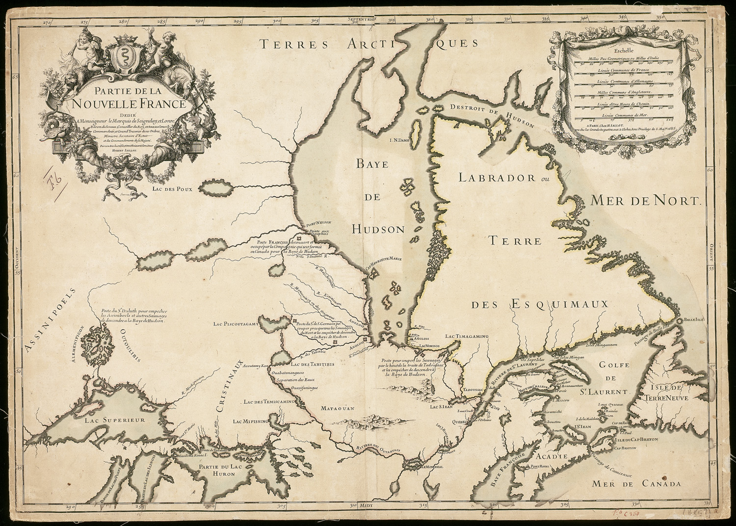 Reproduction d’une carte intitul&eacute;e Partie de la Nouvelle-France par Alexis Hubert Jaillot montrant les diff&eacute;rents postes &eacute;tablis par les Fran&ccedil;ais pour emp&ecirc;cher les Autochtones de faire le commerce des fourrures avec les Anglais &agrave; la baie d’Hudson, 1685.