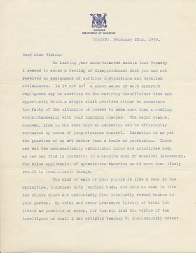 Reproduction de la premi&egrave;re page d’une lettre de Harold Edwin Amoss, inspecteur des classes auxiliaires, minist&egrave;re de l’&Eacute;ducation de l’Ontario, &agrave; Ga&euml;tane V&eacute;zina, enseignante &agrave; la pouponni&egrave;re des jumelles Dionne, 22 f&eacute;vrier 1939.