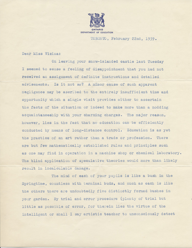 Reproduction de la premi&egrave;re page d’une lettre de Harold Edwin Amoss, inspecteur des classes auxiliaires, minist&egrave;re de l’&Eacute;ducation de l’Ontario, &agrave; Ga&euml;tane V&eacute;zina, enseignante &agrave; la pouponni&egrave;re des jumelles Dionne, 22 f&eacute;vrier 1939.