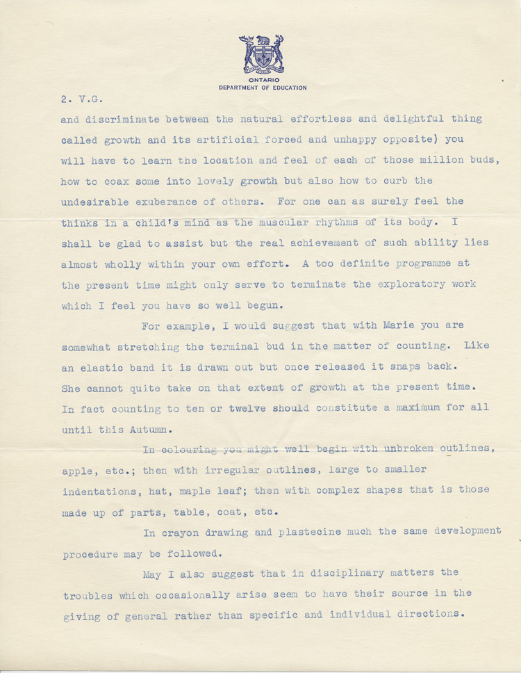 Reproduction de la deuxi&egrave;me page d’une lettre de Harold Edwin Amoss, inspecteur des classes auxiliaires, minist&egrave;re de l’&Eacute;ducation de l’Ontario, &agrave; Ga&euml;tane V&eacute;zina, enseignante &agrave; la pouponni&egrave;re des jumelles Dionne, 22 f&eacute;vrier 1939.