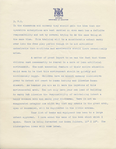 Reproduction de la troisi&egrave;me page d’une lettre de Harold Edwin Amoss, inspecteur des classes auxiliaires, minist&egrave;re de l’&Eacute;ducation de l’Ontario, &agrave; Ga&euml;tane V&eacute;zina, enseignante &agrave; la pouponni&egrave;re des jumelles Dionne, 22 f&eacute;vrier 1939.
