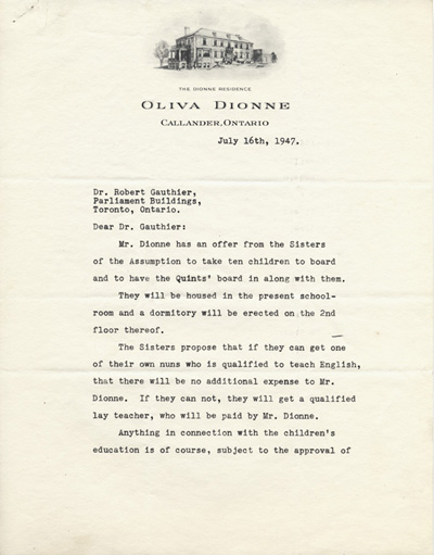 Reproduction de la premi&egrave;re page d’une lettre de William M. Flannery, secr&eacute;taire-tr&eacute;sorier et avocat du Conseil de tutelle des jumelles Dionne, &agrave; Robert Gauthier, directeur de l’enseignement fran&ccedil;ais en Ontario et directeur des &eacute;tudes des jumelles Dionne, 16 juillet 1947.
