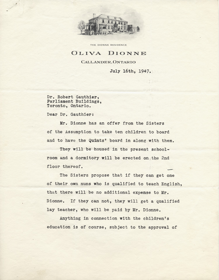 Reproduction de la premi&egrave;re page d’une lettre de William M. Flannery, secr&eacute;taire-tr&eacute;sorier et avocat du Conseil de tutelle des jumelles Dionne, &agrave; Robert Gauthier, directeur de l’enseignement fran&ccedil;ais en Ontario et directeur des &eacute;tudes des jumelles Dionne, 16 juillet 1947.