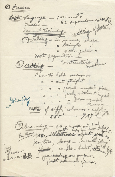 Reproduction de la premi&egrave;re page d’une &eacute;bauche d’un rapport de Ga&euml;tane V&eacute;zina, enseignante &agrave; la pouponni&egrave;re des jumelles Dionne, [entre 1938 et 1942].