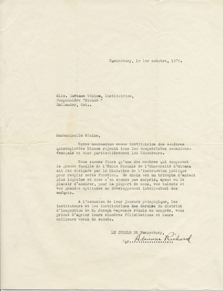 Reproduction d’une lettre de Adrienne Richard, Cercle p&eacute;dagogique de Hawkesbury, &agrave; Ga&euml;tane V&eacute;zina, enseignante &agrave; la pouponni&egrave;re Dionne, 1er octobre 1938.
