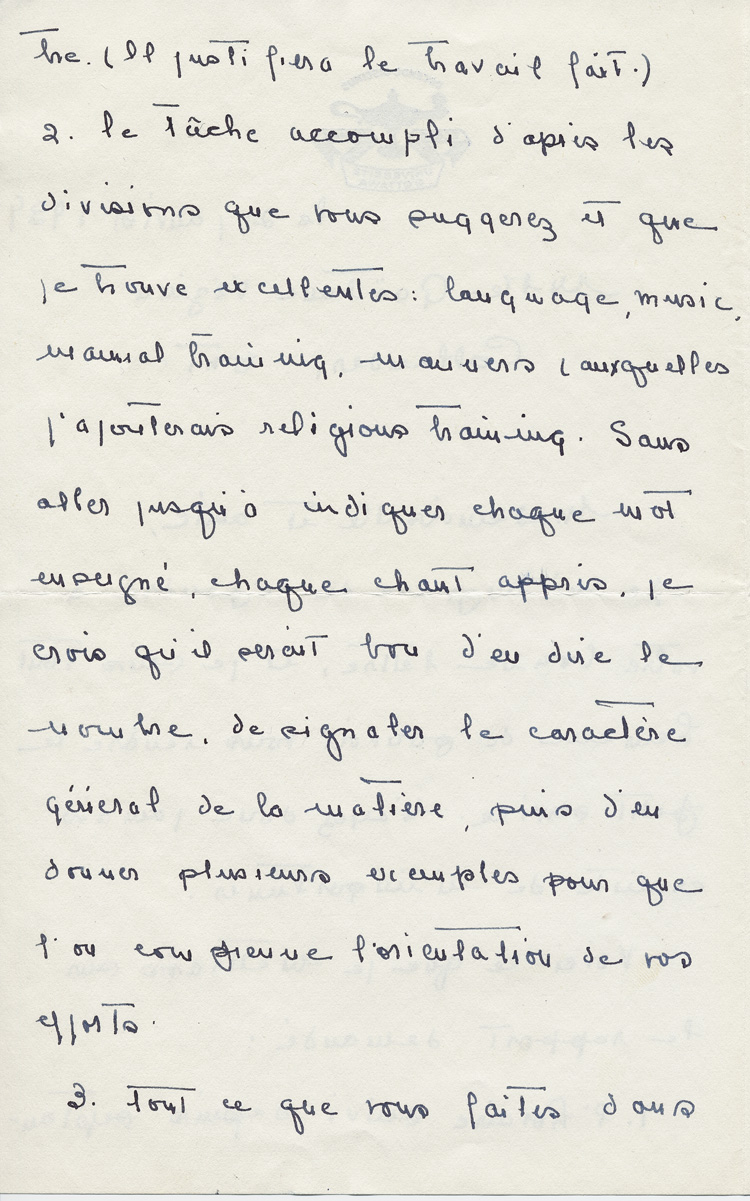 Reproduction de la deuxi&egrave;me page d’une lettre de Ren&eacute; Lamoureux, directeur de l’&Eacute;cole normale de l’Universit&eacute; d’Ottawa, &agrave; Ga&euml;tane V&eacute;zina, enseignante &agrave; la pouponni&egrave;re des jumelles Dionne, 21 janvier 1939.