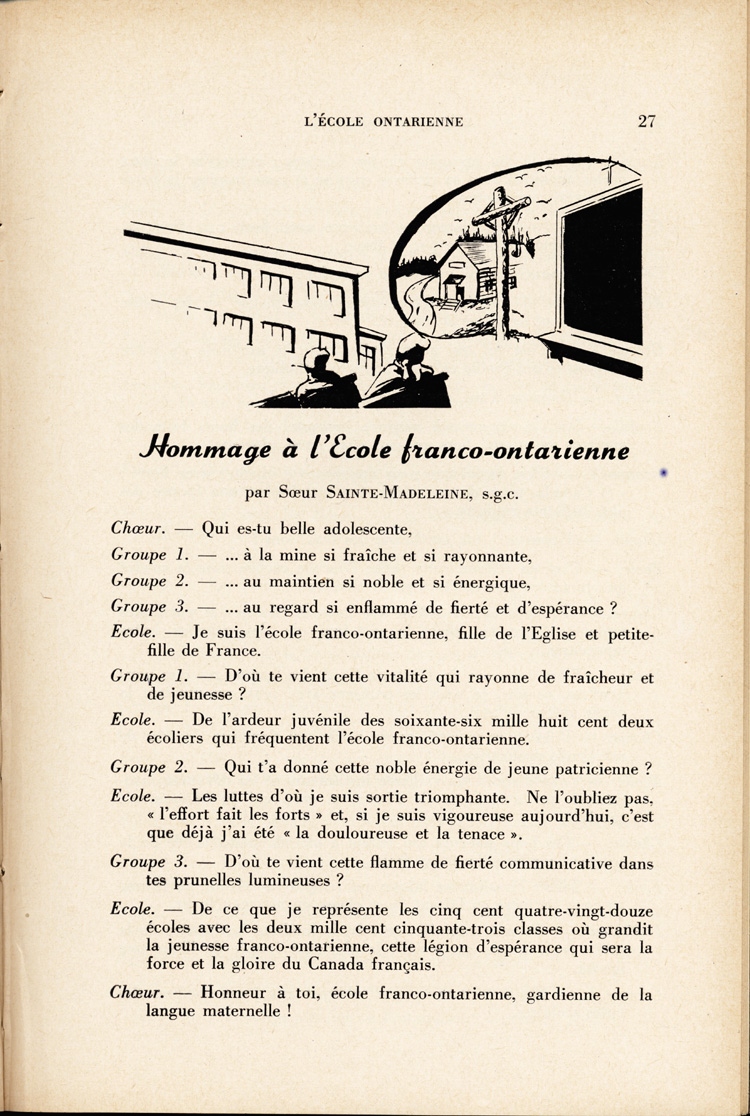 Reproduction de la vingt-septi&egrave;me page du troisi&egrave;me num&eacute;ro du quatorzi&egrave;me volume de L’&eacute;cole franco-ontarienne, comprenant un article intitul&eacute; Hommage &agrave; l’&eacute;cole franco-ontarienne, par soeur Saint-Madeleine, s.g.c., enseignante au couvent de Kapuskasing (Ontario), janvier 1958.