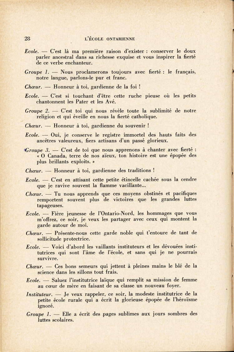 Reproduction de la vingt-huiti&egrave;me page du troisi&egrave;me num&eacute;ro du quatorzi&egrave;me volume de L’&eacute;cole franco-ontarienne, comprenant un article intitul&eacute; Hommage &agrave; l’&eacute;cole franco-ontarienne, par soeur Saint-Madeleine, s.g.c., enseignante au couvent de Kapuskasing (Ontario), janvier 1958.