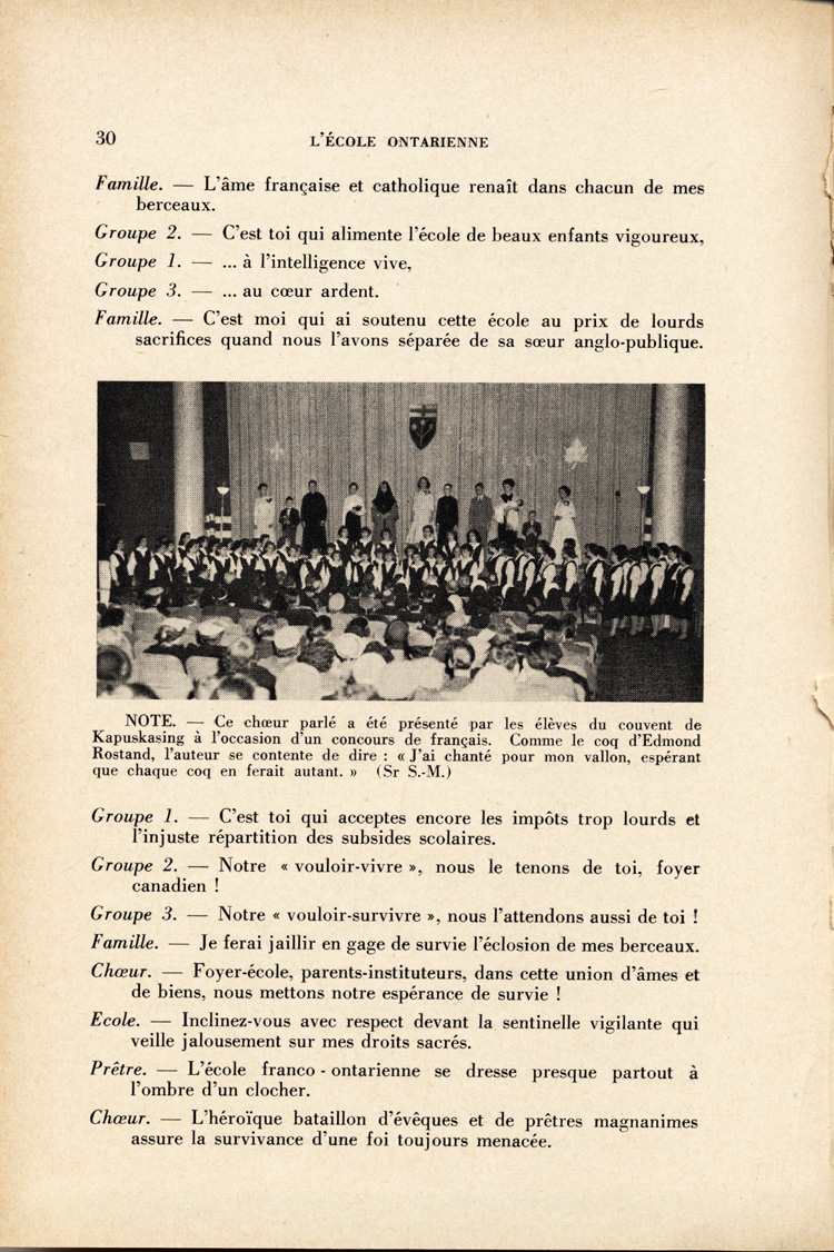 Reproduction de la trenti&egrave;me page du troisi&egrave;me num&eacute;ro du quatorzi&egrave;me volume de L’&eacute;cole franco-ontarienne, comprenant un article intitul&eacute; Hommage &agrave; l’&eacute;cole franco-ontarienne, par soeur Saint-Madeleine, s.g.c., enseignante au couvent de Kapuskasing (Ontario), janvier 1958.