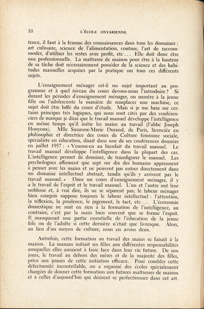 Reproduction de la dixi&egrave;me page du quatri&egrave;me num&eacute;ro du quatorzi&egrave;me volume de L’&Eacute;cole ontarienne, comprenant un article de soeur Joseph-Henri, s.g.c., directrice des classes d’enseignement m&eacute;nager dans les &eacute;coles d’Ottawa,  intitul&eacute; L’enseignement m&eacute;nager dans les &eacute;coles d’Ottawa, avril 1958.