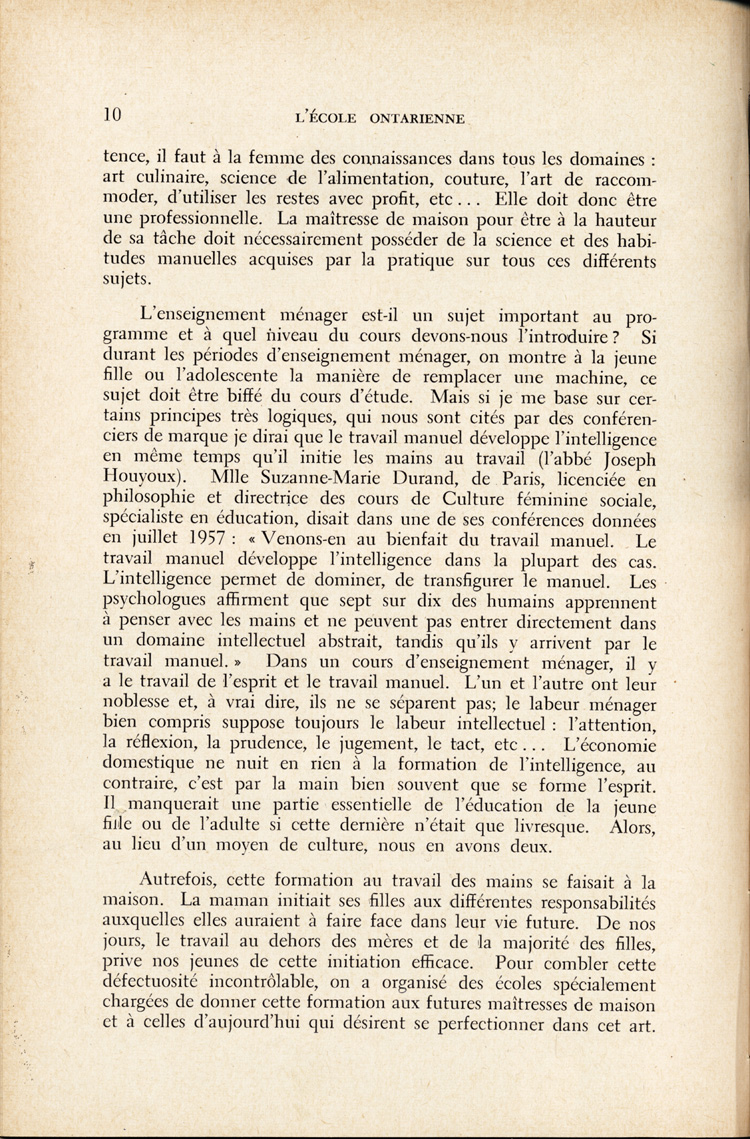 Reproduction de la dixi&egrave;me page du quatri&egrave;me num&eacute;ro du quatorzi&egrave;me volume de L’&Eacute;cole ontarienne, comprenant un article de soeur Joseph-Henri, s.g.c., directrice des classes d’enseignement m&eacute;nager dans les &eacute;coles d’Ottawa,  intitul&eacute; L’enseignement m&eacute;nager dans les &eacute;coles d’Ottawa, avril 1958.