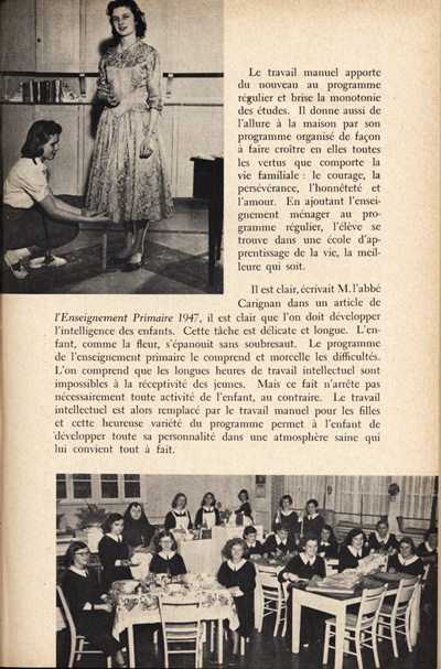 Reproduction de la onzi&egrave;me page du quatri&egrave;me num&eacute;ro du quatorzi&egrave;me volume de L’&Eacute;cole ontarienne, comprenant un article de soeur Joseph-Henri, s.g.c., directrice des classes d’enseignement m&eacute;nager dans les &eacute;coles d’Ottawa,  intitul&eacute; L’enseignement m&eacute;nager dans les &eacute;coles d’Ottawa, avril 1958.