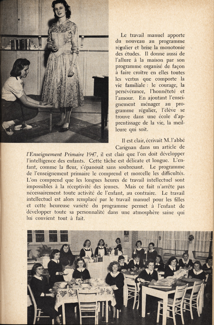 Reproduction de la onzième page du quatrième numéro du quatorzième volume de L’École ontarienne, comprenant un article de soeur Joseph-Henri, s.g.c., directrice des classes d’enseignement ménager dans les écoles d’Ottawa, intitulé L’enseignement ménager dans les écoles d’Ottawa, avril 1958.