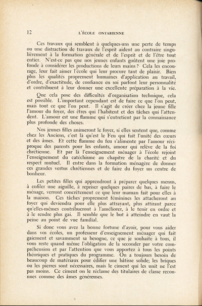 Reproduction de la douzi&egrave;me page du quatri&egrave;me num&eacute;ro du quatorzi&egrave;me volume de L’&Eacute;cole ontarienne, comprenant un article de soeur Joseph-Henri, s.g.c., directrice des classes d’enseignement m&eacute;nager dans les &eacute;coles d’Ottawa,  intitul&eacute; L’enseignement m&eacute;nager dans les &eacute;coles d’Ottawa, avril 1958.
