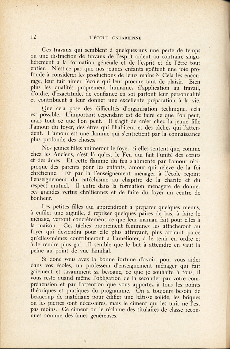 Reproduction de la douzième page du quatrième numéro du quatorzième volume de L’École ontarienne, comprenant un article de soeur Joseph-Henri, s.g.c., directrice des classes d’enseignement ménager dans les écoles d’Ottawa, intitulé L’enseignement ménager dans les écoles d’Ottawa, avril 1958.