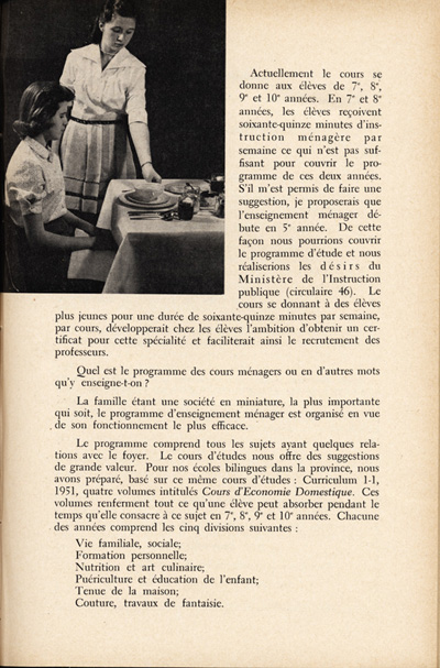 Reproduction de la treizi&egrave;me page du quatri&egrave;me num&eacute;ro du quatorzi&egrave;me volume de L’&Eacute;cole ontarienne, comprenant un article de soeur Joseph-Henri, s.g.c., directrice des classes d’enseignement m&eacute;nager dans les &eacute;coles d’Ottawa,  intitul&eacute; L’enseignement m&eacute;nager dans les &eacute;coles d’Ottawa, avril 1958.
