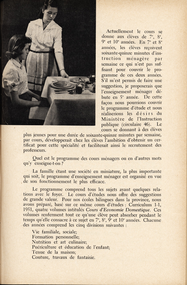 Reproduction de la treizi&egrave;me page du quatri&egrave;me num&eacute;ro du quatorzi&egrave;me volume de L’&Eacute;cole ontarienne, comprenant un article de soeur Joseph-Henri, s.g.c., directrice des classes d’enseignement m&eacute;nager dans les &eacute;coles d’Ottawa,  intitul&eacute; L’enseignement m&eacute;nager dans les &eacute;coles d’Ottawa, avril 1958.