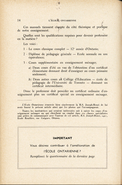 Reproduction de la quatorzi&egrave;me page du quatri&egrave;me num&eacute;ro du quatorzi&egrave;me volume de L’&Eacute;cole ontarienne, comprenant un article de soeur Joseph-Henri, s.g.c., directrice des classes d’enseignement m&eacute;nager dans les &eacute;coles d’Ottawa,  intitul&eacute; L’enseignement m&eacute;nager dans les &eacute;coles d’Ottawa, avril 1958.