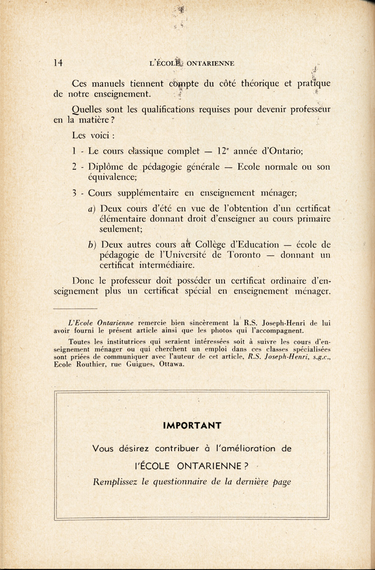 Reproduction de la quatorzième page du quatrième numéro du quatorzième volume de L’École ontarienne, comprenant un article de soeur Joseph-Henri, s.g.c., directrice des classes d’enseignement ménager dans les écoles d’Ottawa, intitulé L’enseignement ménager dans les écoles d’Ottawa, avril 1958.