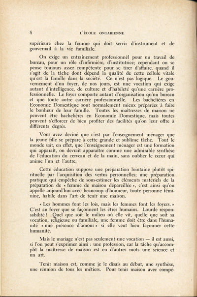 Reproduction de la huiti&egrave;me page du quatri&egrave;me num&eacute;ro du quatorzi&egrave;me volume de L’&Eacute;cole ontarienne, comprenant un article de soeur Joseph-Henri, s.g.c., directrice des classes d’enseignement m&eacute;nager dans les &eacute;coles d’Ottawa,  intitul&eacute; L’enseignement m&eacute;nager dans les &eacute;coles d’Ottawa, avril 1958.