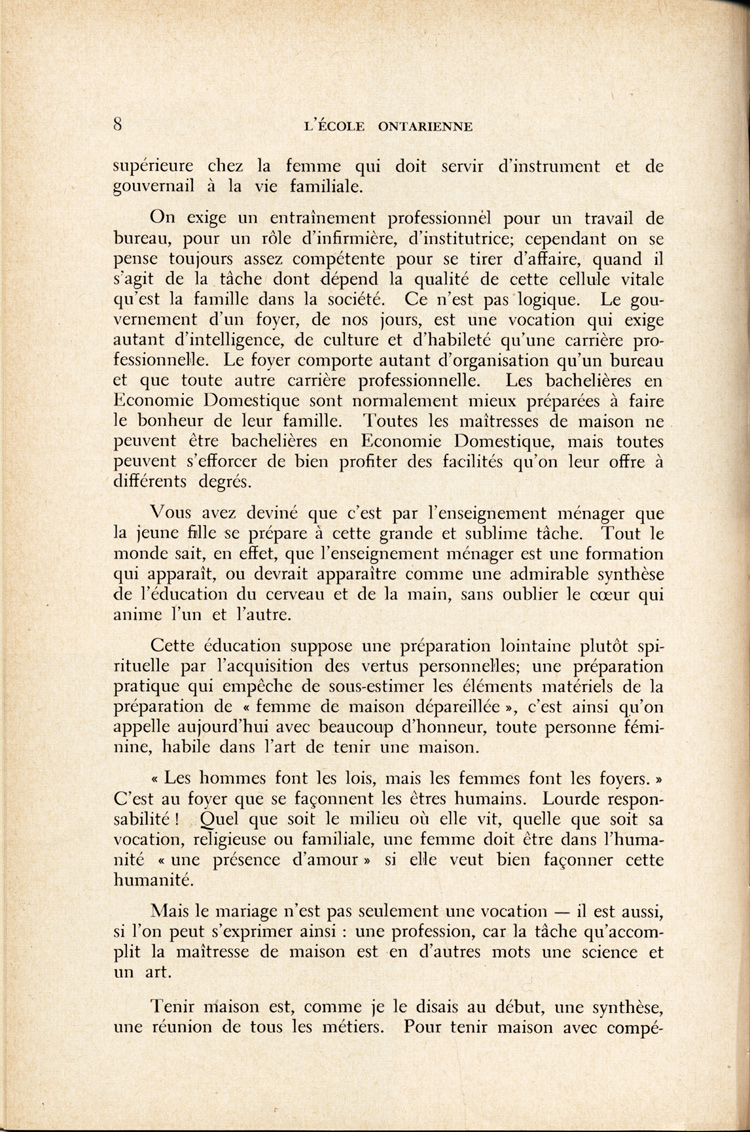 Reproduction de la huitième page du quatrième numéro du quatorzième volume de L’École ontarienne, comprenant un article de soeur Joseph-Henri, s.g.c., directrice des classes d’enseignement ménager dans les écoles d’Ottawa, intitulé L’enseignement ménager dans les écoles d’Ottawa, avril 1958.