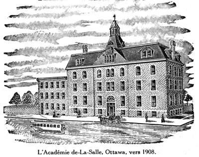 Reproduction de la cinquante-cinqui&egrave;me page de Vers les cimes, par M. Cyrille, &eacute;.c., comprenant un dessin de l’Acad&eacute;mie De-La-Salle, Ottawa (Ontario), vers 1908, 1936.