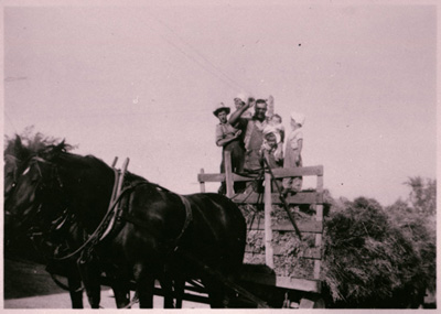 Reproduction d’une photographie de la famille Gratton sur une charrette &agrave; foin, Wendover (Ontario), 1949.