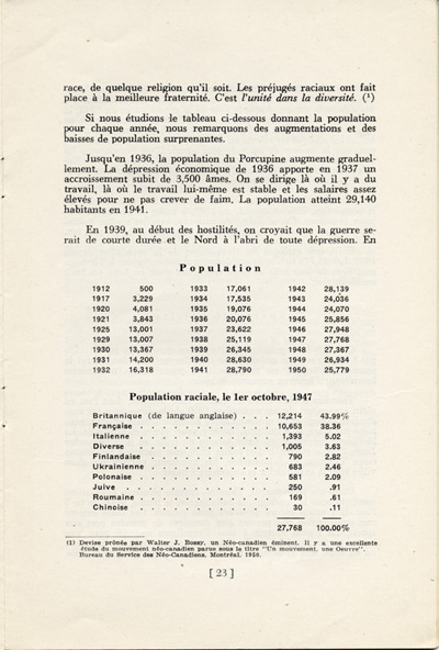 Reproduction de la vingt-troisi&egrave;me page du vingt-deuxi&egrave;me document de la Soci&eacute;t&eacute; historique du Nouvel-Ontario intitul&eacute; Timmins, m&eacute;tropole de l’or, par Rodolphe Tremblay, comprenant des statistiques sur la population de Timmins (Ontario) de 1912 &agrave; 1950, 1951.