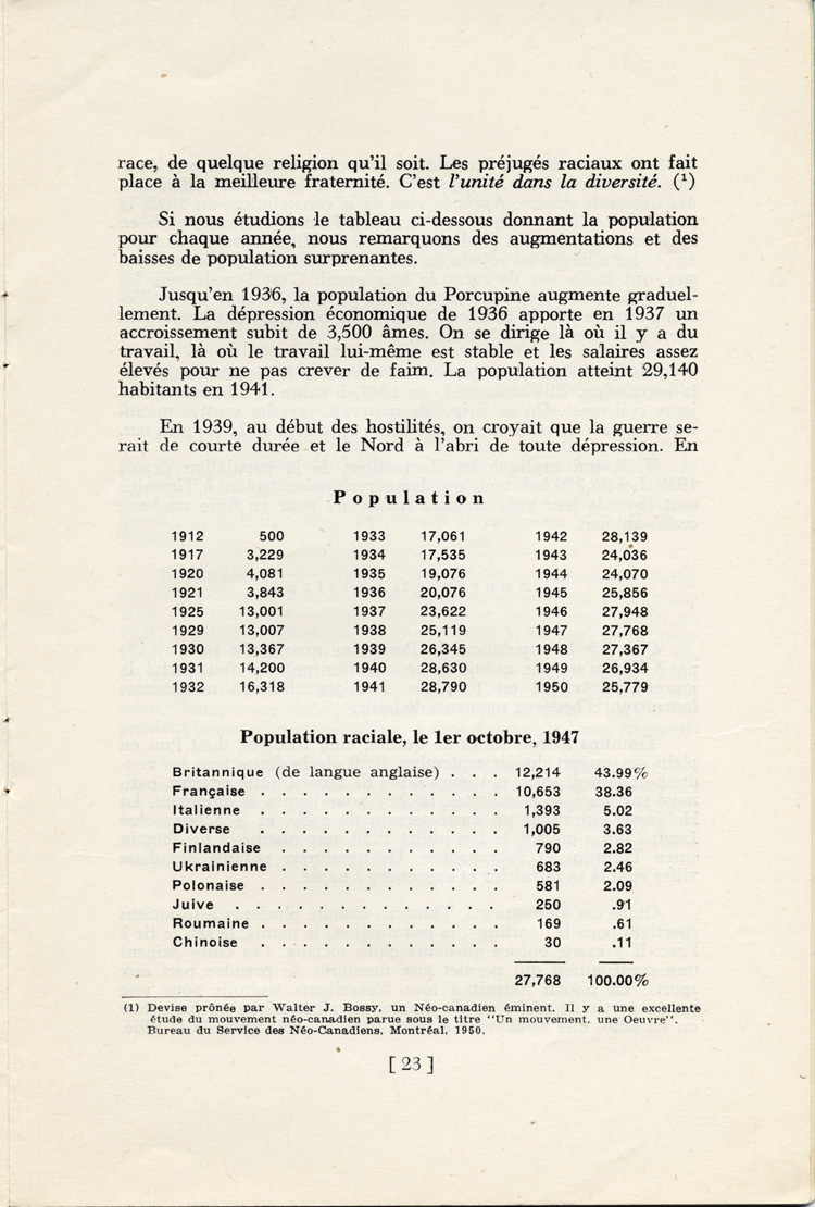 Reproduction de la vingt-troisi&egrave;me page du vingt-deuxi&egrave;me document de la Soci&eacute;t&eacute; historique du Nouvel-Ontario intitul&eacute; Timmins, m&eacute;tropole de l’or, par Rodolphe Tremblay, comprenant des statistiques sur la population de Timmins (Ontario) de 1912 &agrave; 1950, 1951.