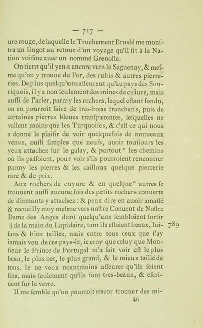 Reproduction de la sept cent dix-septi&egrave;me page du troisi&egrave;me volume de l’Histoire du Canada et voyages du p&egrave;re Gabriel Sagard d&eacute;crivant les richesses du Lac Sup&eacute;rieur en 1632, 1866.