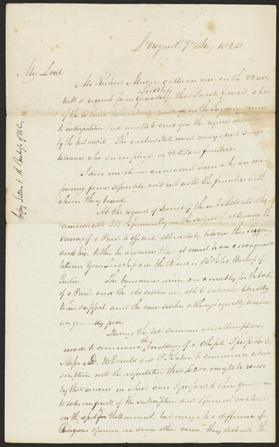 Reproduction de la troisi&egrave;me page de List of the Roman Catholic Inhabitants residing on the Seignory of Point L’Orignal, May 1928, accompagn&eacute;e d’une lettre de Charles P. Treadwell &agrave; Alexander Macdonell, &eacute;v&ecirc;que du dioc&egrave;se d’Alexandria, 7 mai 1828.