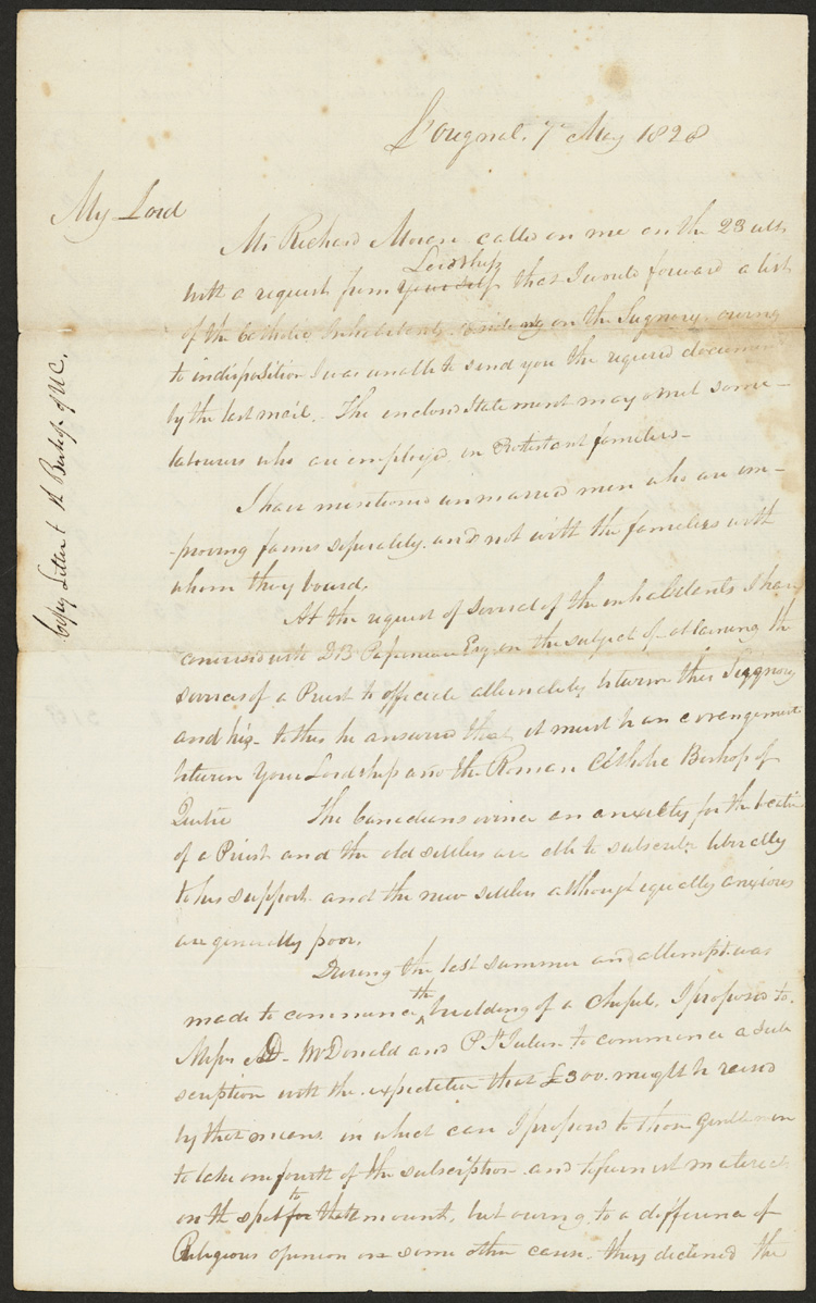 Reproduction de la troisi&egrave;me page de List of the Roman Catholic Inhabitants residing on the Seignory of Point L’Orignal, May 1928, accompagn&eacute;e d’une lettre de Charles P. Treadwell &agrave; Alexander Macdonell, &eacute;v&ecirc;que du dioc&egrave;se d’Alexandria, 7 mai 1828.