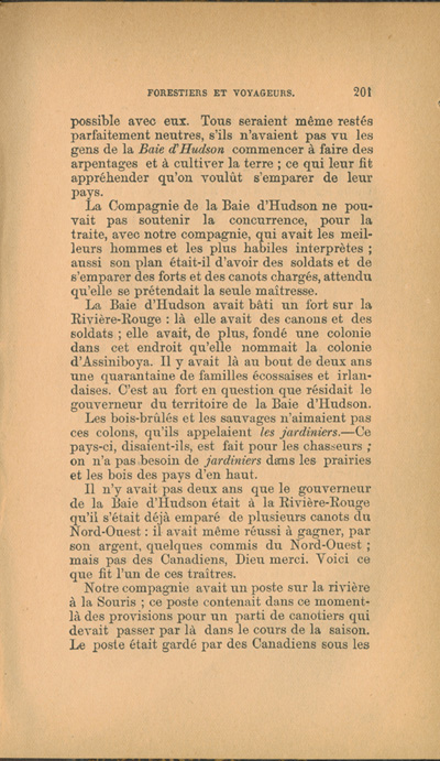 Reproduction de la deux cent et uni&egrave;me page de Forestiers et voyageurs : moeurs et l&eacute;gendes canadiennes, de Joseph-Charles Tach&eacute;, relatant des t&eacute;moignages de voyageurs d&eacute;crivant la conteste, soit la rivalit&eacute; entre la Compagnie du Nord-Ouest et la Hudson’s Bay Company pour le monopole de la traite des fourrures en Ontario et dans l’Ouest canadien, 1884.