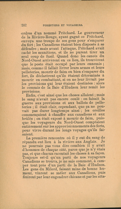 Reproduction de la deux cent deuxi&egrave;me page de Forestiers et voyageurs : moeurs et l&eacute;gendes canadiennes, de Joseph-Charles Tach&eacute;, relatant des t&eacute;moignages de voyageurs d&eacute;crivant la conteste, soit la rivalit&eacute; entre la Compagnie du Nord-Ouest et la Hudson’s Bay Company pour le monopole de la traite des fourrures en Ontario et dans l’Ouest canadien, 1884.