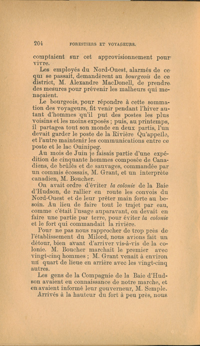 Reproduction de la deux cent quatri&egrave;me page de Forestiers et voyageurs : moeurs et l&eacute;gendes canadiennes, de Joseph-Charles Tach&eacute;, relatant des t&eacute;moignages de voyageurs d&eacute;crivant la conteste, soit la rivalit&eacute; entre la Compagnie du Nord-Ouest et la Hudson’s Bay Company pour le monopole de la traite des fourrures en Ontario et dans l’Ouest canadien, 1884.