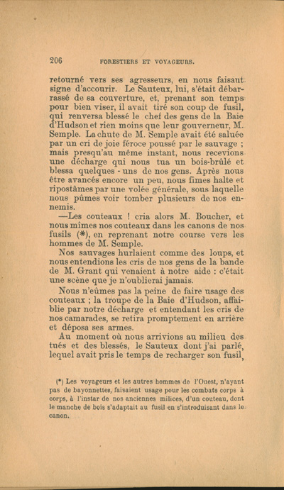 Reproduction de la deux cent sixi&egrave;me page de Forestiers et voyageurs : moeurs et l&eacute;gendes canadiennes, de Joseph-Charles Tach&eacute;, relatant des t&eacute;moignages de voyageurs d&eacute;crivant la conteste, soit la rivalit&eacute; entre la Compagnie du Nord-Ouest et la Hudson’s Bay Company pour le monopole de la traite des fourrures en Ontario et dans l’Ouest canadien, 1884.