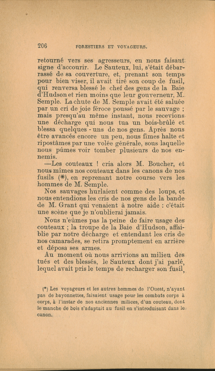 Reproduction de la deux cent sixi&egrave;me page de Forestiers et voyageurs : moeurs et l&eacute;gendes canadiennes, de Joseph-Charles Tach&eacute;, relatant des t&eacute;moignages de voyageurs d&eacute;crivant la conteste, soit la rivalit&eacute; entre la Compagnie du Nord-Ouest et la Hudson’s Bay Company pour le monopole de la traite des fourrures en Ontario et dans l’Ouest canadien, 1884.