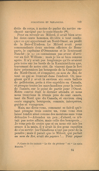 Reproduction de la deux cent neuvi&egrave;me page de Forestiers et voyageurs : moeurs et l&eacute;gendes canadiennes, de Joseph-Charles Tach&eacute;, relatant des t&eacute;moignages de voyageurs d&eacute;crivant la conteste, soit la rivalit&eacute; entre la Compagnie du Nord-Ouest et la Hudson’s Bay Company pour le monopole de la traite des fourrures en Ontario et dans l’Ouest canadien, 1884.