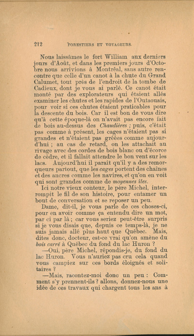 Reproduction de la deux cent douzi&egrave;me page de Forestiers et voyageurs : moeurs et l&eacute;gendes canadiennes, de Joseph-Charles Tach&eacute;, relatant des t&eacute;moignages de voyageurs d&eacute;crivant la conteste, soit la rivalit&eacute; entre la Compagnie du Nord-Ouest et la Hudson’s Bay Company pour le monopole de la traite des fourrures en Ontario et dans l’Ouest canadien, 1884.