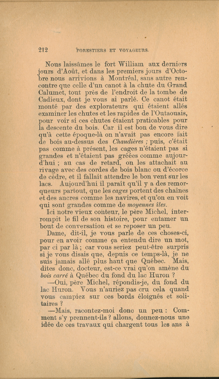 Reproduction de la deux cent douzi&egrave;me page de Forestiers et voyageurs : moeurs et l&eacute;gendes canadiennes, de Joseph-Charles Tach&eacute;, relatant des t&eacute;moignages de voyageurs d&eacute;crivant la conteste, soit la rivalit&eacute; entre la Compagnie du Nord-Ouest et la Hudson’s Bay Company pour le monopole de la traite des fourrures en Ontario et dans l’Ouest canadien, 1884.