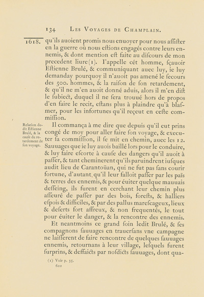 Reproduction de la six cent vingt-deuxi&egrave;me page du premier tome de la deuxi&egrave;me &eacute;dition critique de Charles-Honor&eacute; Laverdi&egrave;re des Oeuvres de Champlain relatant l’exp&eacute;dition de 1615-1616 d’&Eacute;tienne Br&ucirc;l&eacute; en territoire am&eacute;ricain, 1870.