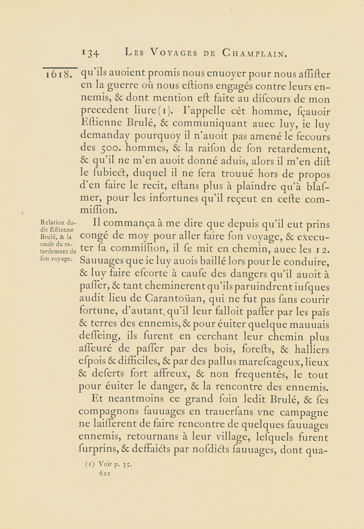 Reproduction de la six cent vingt-deuxi&egrave;me page du premier tome de la deuxi&egrave;me &eacute;dition critique de Charles-Honor&eacute; Laverdi&egrave;re des Oeuvres de Champlain relatant l’exp&eacute;dition de 1615-1616 d’&Eacute;tienne Br&ucirc;l&eacute; en territoire am&eacute;ricain, 1870.