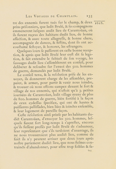 Reproduction de la six cent vingt-troisi&egrave;me page du premier tome de la deuxi&egrave;me &eacute;dition critique de Charles-Honor&eacute; Laverdi&egrave;re des Oeuvres de Champlain relatant l’exp&eacute;dition de 1615-1616 d’&Eacute;tienne Br&ucirc;l&eacute; en territoire am&eacute;ricain, 1870.