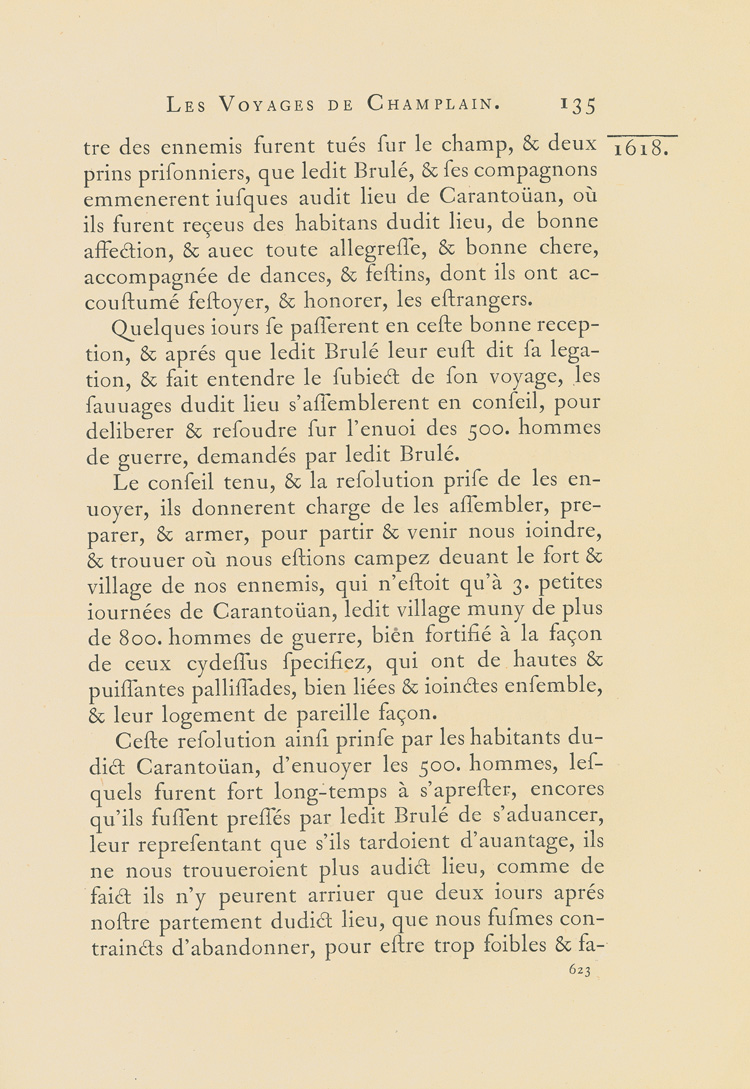 Reproduction de la six cent vingt-troisi&egrave;me page du premier tome de la deuxi&egrave;me &eacute;dition critique de Charles-Honor&eacute; Laverdi&egrave;re des Oeuvres de Champlain relatant l’exp&eacute;dition de 1615-1616 d’&Eacute;tienne Br&ucirc;l&eacute; en territoire am&eacute;ricain, 1870.