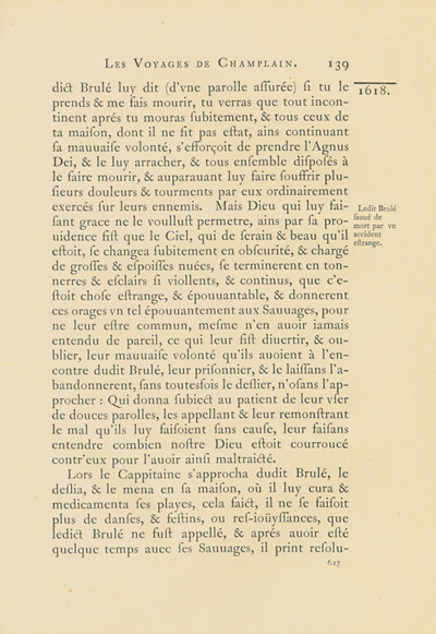 Reproduction de la six cent vingt-septi&egrave;me page du premier tome de la deuxi&egrave;me &eacute;dition critique de Charles-Honor&eacute; Laverdi&egrave;re des Oeuvres de Champlain relatant l’exp&eacute;dition de 1615-1616 d’&Eacute;tienne Br&ucirc;l&eacute; en territoire am&eacute;ricain, 1870.
