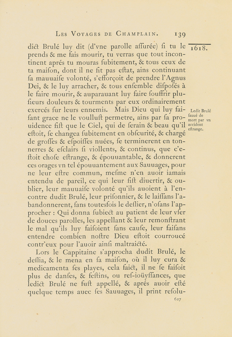 Reproduction de la six cent vingt-septi&egrave;me page du premier tome de la deuxi&egrave;me &eacute;dition critique de Charles-Honor&eacute; Laverdi&egrave;re des Oeuvres de Champlain relatant l’exp&eacute;dition de 1615-1616 d’&Eacute;tienne Br&ucirc;l&eacute; en territoire am&eacute;ricain, 1870.