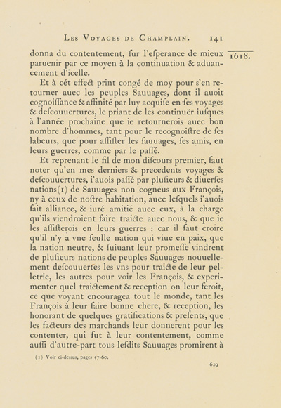 Reproduction de la six cent vingt-neuvi&egrave;me page du premier tome de la deuxi&egrave;me &eacute;dition critique de Charles-Honor&eacute; Laverdi&egrave;re des Oeuvres de Champlain relatant l’exp&eacute;dition de 1615-1616 d’&Eacute;tienne Br&ucirc;l&eacute; en territoire am&eacute;ricain, 1870.